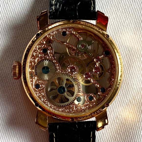 Akribos XXIV AK418RG Rose Gold Mechanical Skeleton Watch w/Black Leather band - Picture 5 of 8